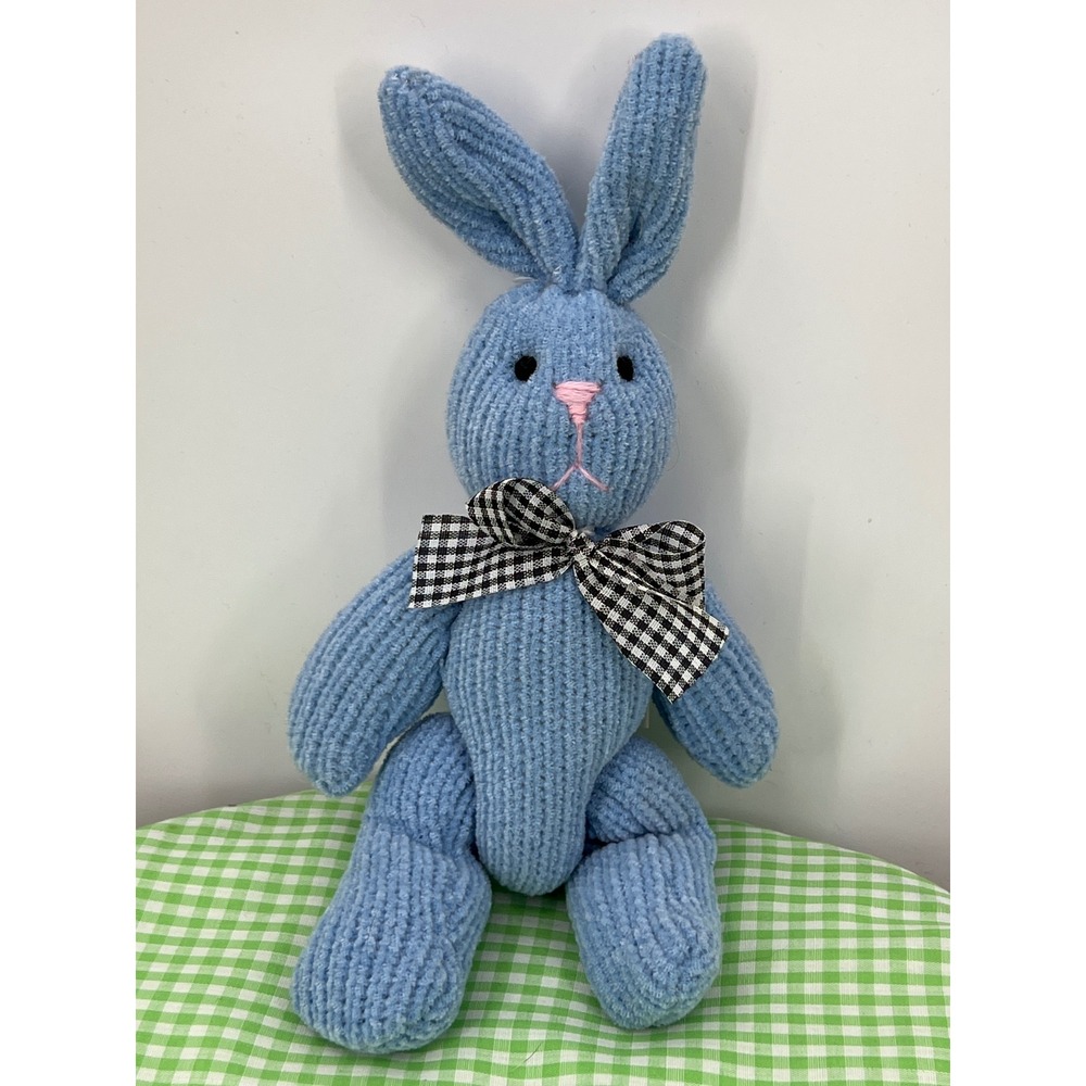 Blue Corduroy Knit  Plush Bunny Rabbit Stuffed‎ Animal Gingham Bow Easter 10"